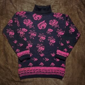 That's Me! Vintage Rose Print Turtleneck Sweater Black Pink Floral Knit 80s